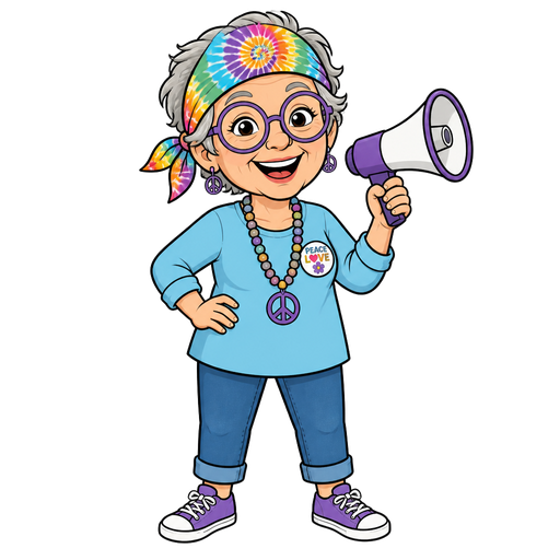 Cartoon mascot of a gray-haired lady in flamboyant peace-love attire holding a megaphone