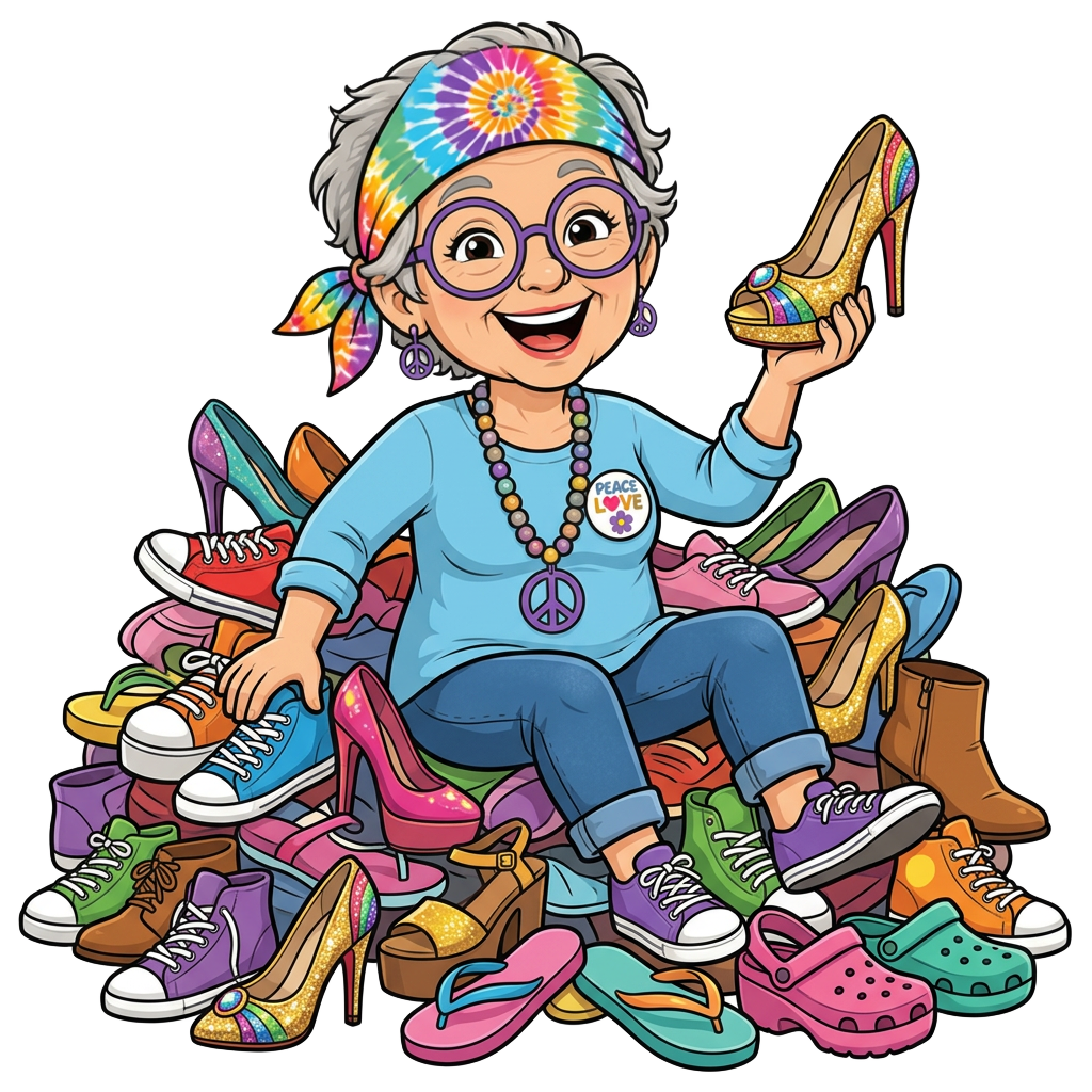 Cartoon mascot of a gray-haired lady in flamboyant peace-love attire holding a megaphone